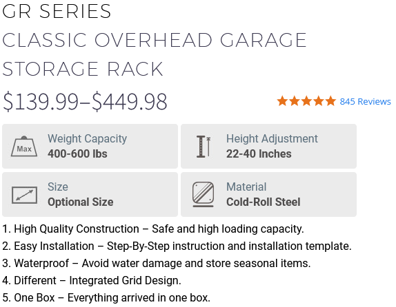 GR Series Classic Overhead Garage Storage Rack Info