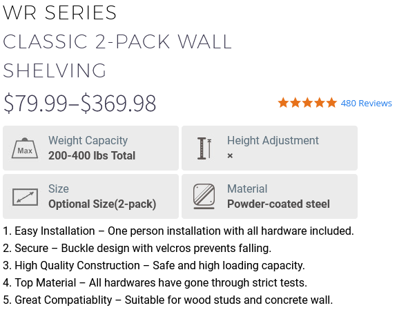 WR Series Classic 2-Pack Wall Shelving Info